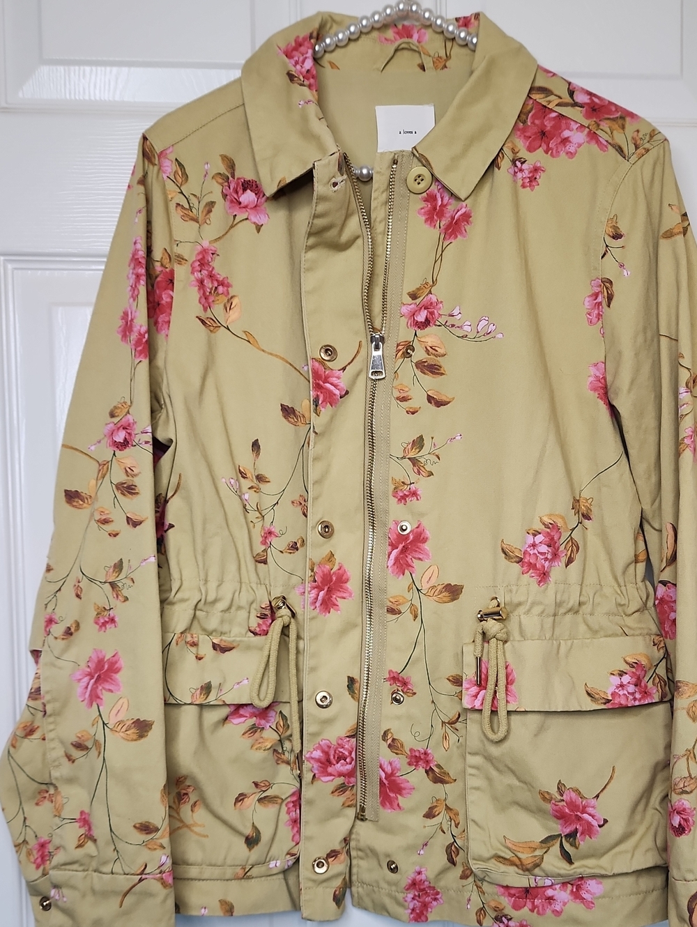 A Loves A Womens Light Olive Green Pink Floral Print Utility Jacket - Picture 7 of 14